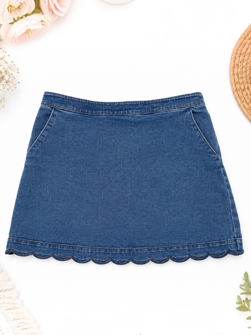 Draper James Dark Blue Denim Scallop Hem Mini Skirt Size 12